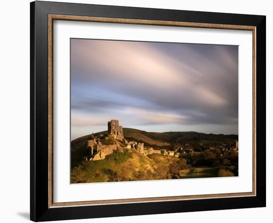 Corfe Castle and Corfe Village, Late Evening Light, Dorset, Uk. November 2008-Ross Hoddinott-Framed Photographic Print