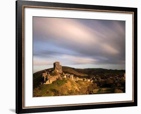 Corfe Castle and Corfe Village, Late Evening Light, Dorset, Uk. November 2008-Ross Hoddinott-Framed Photographic Print