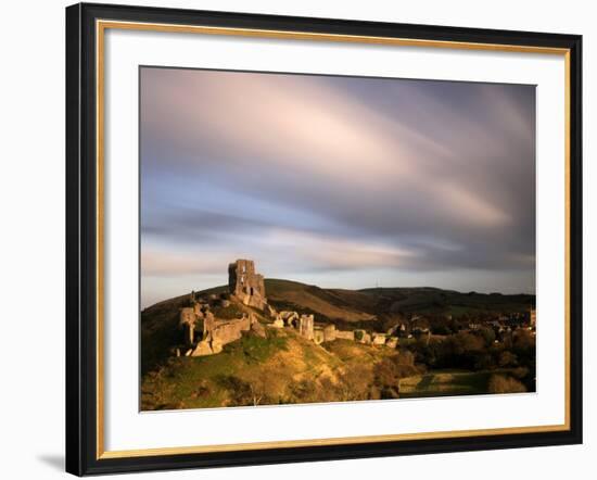 Corfe Castle and Corfe Village, Late Evening Light, Dorset, Uk. November 2008-Ross Hoddinott-Framed Photographic Print