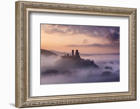 Corfe Castle, early morning mist, Corfe Castle, Dorset, UK-Ross Hoddinott-Framed Photographic Print