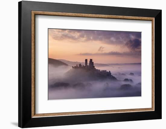 Corfe Castle, early morning mist, Corfe Castle, Dorset, UK-Ross Hoddinott-Framed Photographic Print