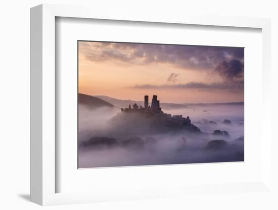 Corfe Castle, early morning mist, Corfe Castle, Dorset, UK-Ross Hoddinott-Framed Photographic Print