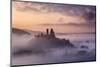 Corfe Castle, early morning mist, Corfe Castle, Dorset, UK-Ross Hoddinott-Mounted Photographic Print