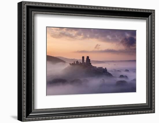 Corfe Castle, early morning mist, Corfe Castle, Dorset, UK-Ross Hoddinott-Framed Photographic Print