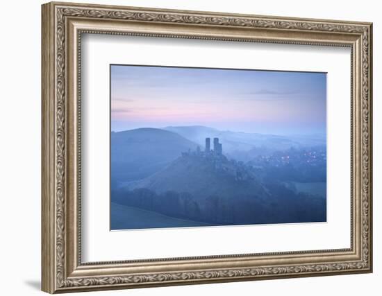 Corfe Castle, sunrise and early morning mist, Dorset, UK-Ross Hoddinott-Framed Photographic Print