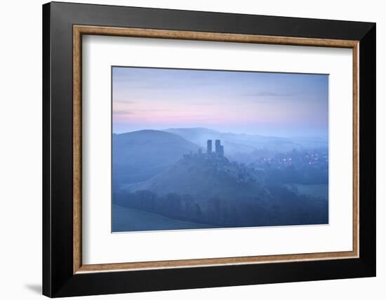 Corfe Castle, sunrise and early morning mist, Dorset, UK-Ross Hoddinott-Framed Photographic Print