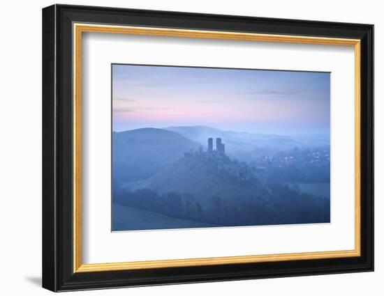 Corfe Castle, sunrise and early morning mist, Dorset, UK-Ross Hoddinott-Framed Photographic Print