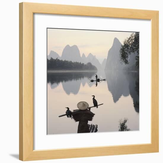 Cormorant fishermen in Li River-Martin Puddy-Framed Premium Photographic Print