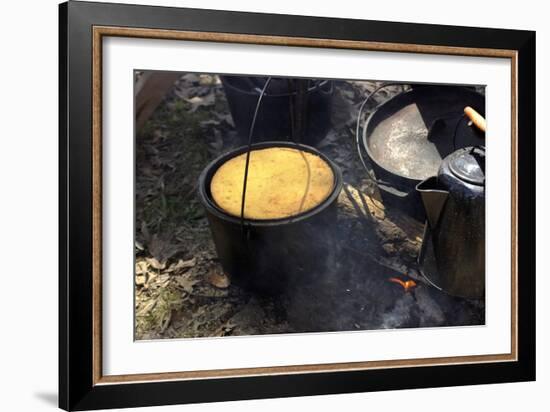 Cornbread and Coffee on a Campfire, Confederate Living History Demonstration, Shiloh, Tennessee-null-Framed Photographic Print