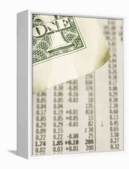 Corner of American Dollar Bill on Newspaper Stock Market Report-null-Framed Premier Image Canvas