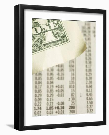 Corner of American Dollar Bill on Newspaper Stock Market Report-null-Framed Photographic Print