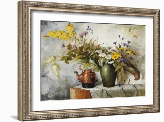 Cornflowers, Daisies and Other Flowers in a Vase by a Kettle on a Ledge-Carl H. Fischer-Framed Giclee Print