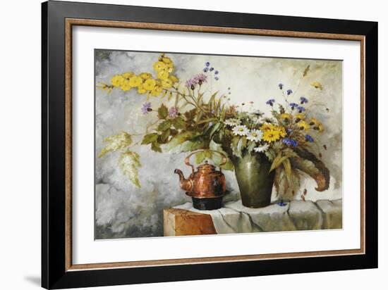 Cornflowers, Daisies and Other Flowers in a Vase by a Kettle on a Ledge-Carl H. Fischer-Framed Giclee Print