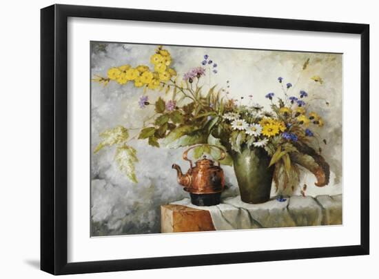 Cornflowers, Daisies and Other Flowers in a Vase by a Kettle on a Ledge-Carl H. Fischer-Framed Giclee Print