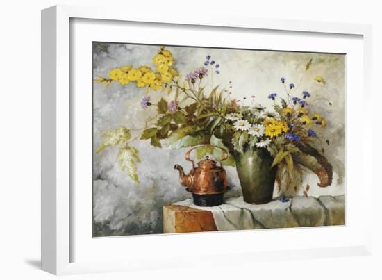 Cornflowers, Daisies and Other Flowers in a Vase by a Kettle on a Ledge-Carl H. Fischer-Framed Giclee Print