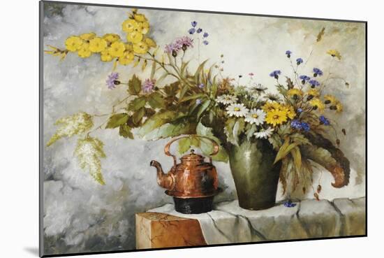 Cornflowers, Daisies and Other Flowers in a Vase by a Kettle on a Ledge-Carl H. Fischer-Mounted Giclee Print