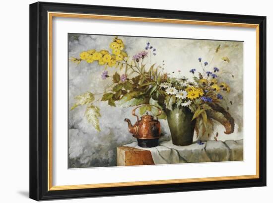 Cornflowers, Daisies and Other Flowers in a Vase by a Kettle on a Ledge-Carl H. Fischer-Framed Giclee Print