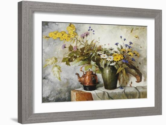 Cornflowers, Daisies and Other Flowers in a Vase by a Kettle on a Ledge-Carl H. Fischer-Framed Giclee Print