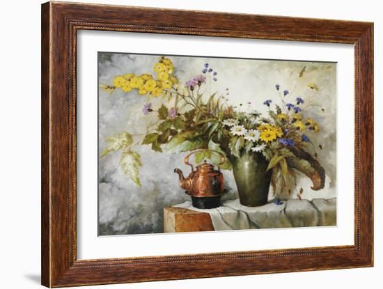 Cornflowers, Daisies and Other Flowers in a Vase by a Kettle on a Ledge-Carl H. Fischer-Framed Giclee Print