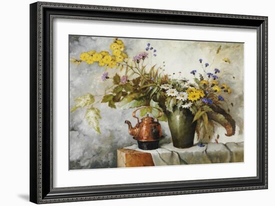 Cornflowers, Daisies and Other Flowers in a Vase by a Kettle on a Ledge-Carl H. Fischer-Framed Giclee Print