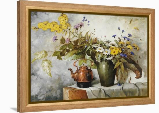 Cornflowers, Daisies and Other Flowers in a Vase by a Kettle on a Ledge-Carl H. Fischer-Framed Premier Image Canvas