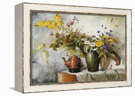 Cornflowers, Daisies and Other Flowers in a Vase by a Kettle on a Ledge-Carl H. Fischer-Framed Premier Image Canvas