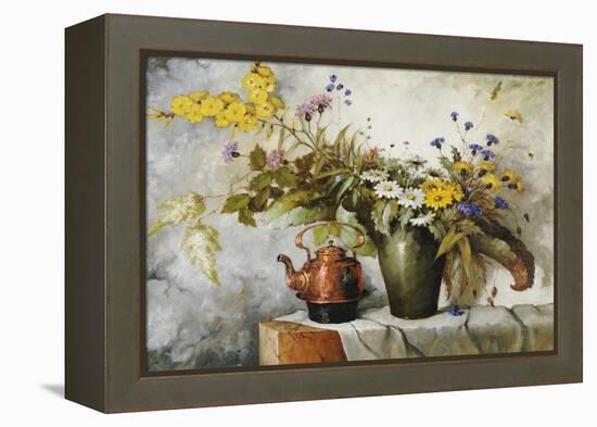 Cornflowers, Daisies and Other Flowers in a Vase by a Kettle on a Ledge-Carl H. Fischer-Framed Premier Image Canvas