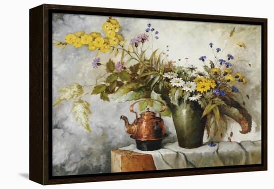 Cornflowers, Daisies and Other Flowers in a Vase by a Kettle on a Ledge-Carl H. Fischer-Framed Premier Image Canvas