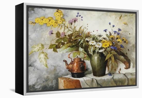 Cornflowers, Daisies and Other Flowers in a Vase by a Kettle on a Ledge-Carl H. Fischer-Framed Premier Image Canvas