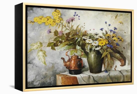 Cornflowers, Daisies and Other Flowers in a Vase by a Kettle on a Ledge-Carl H. Fischer-Framed Premier Image Canvas