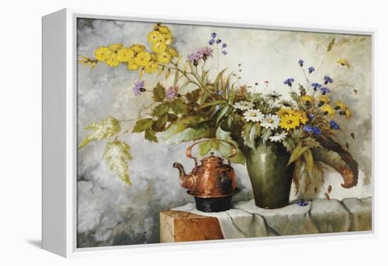 Cornflowers, Daisies and Other Flowers in a Vase by a Kettle on a Ledge-Carl H. Fischer-Framed Premier Image Canvas
