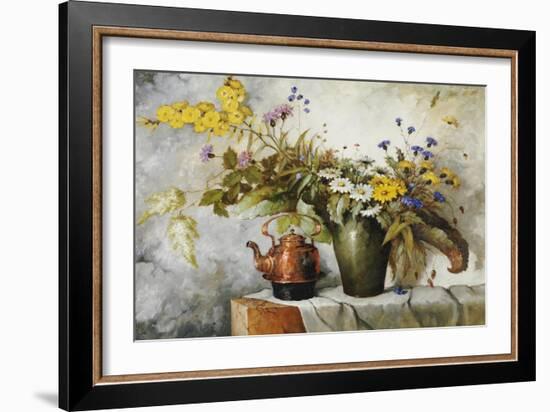 Cornflowers, Daisies and Other Flowers in a Vase by a Kettle on a Ledge-Carl H. Fischer-Framed Premium Giclee Print