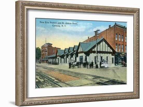 Corning, New York - New Erie Train Station and St. James Hotel View-Lantern Press-Framed Art Print