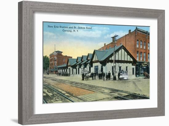 Corning, New York - New Erie Train Station and St. James Hotel View-Lantern Press-Framed Art Print