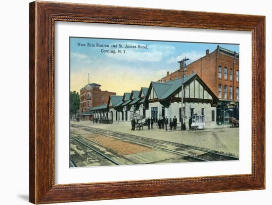 Corning, New York - New Erie Train Station and St. James Hotel View-Lantern Press-Framed Art Print