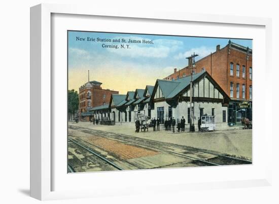 Corning, New York - New Erie Train Station and St. James Hotel View-Lantern Press-Framed Art Print