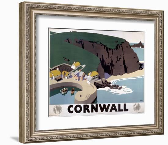 Cornwall Cliff and Harbour-null-Framed Art Print