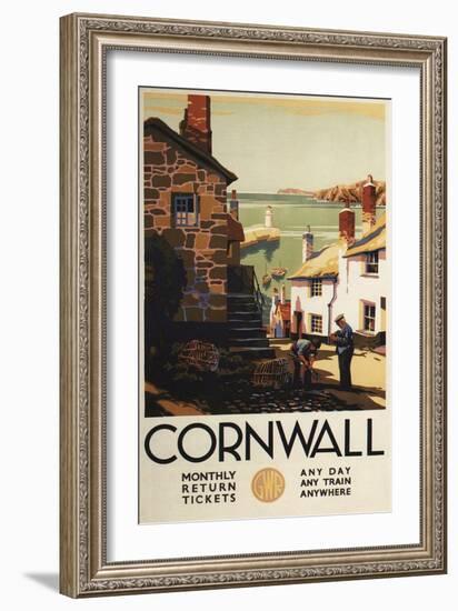 Cornwall, England - Street Scene with Two Men Working Railway Poster-Lantern Press-Framed Art Print