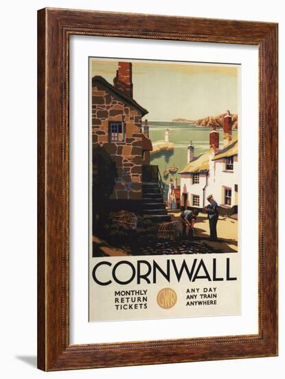 Cornwall, England - Street Scene with Two Men Working Railway Poster-Lantern Press-Framed Art Print