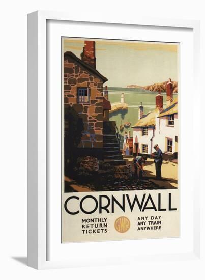 Cornwall, England - Street Scene with Two Men Working Railway Poster-Lantern Press-Framed Art Print