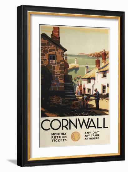 Cornwall, England - Street Scene with Two Men Working Railway Poster-Lantern Press-Framed Art Print