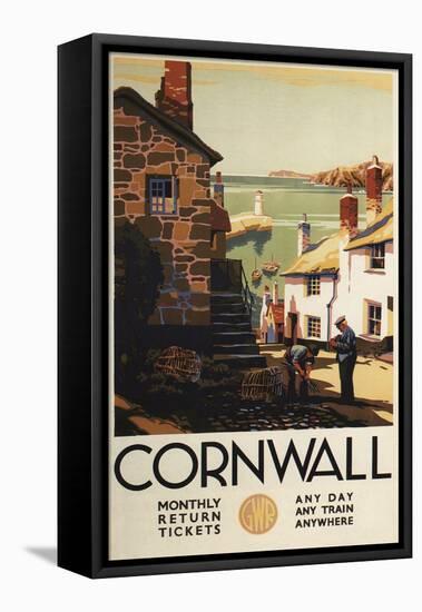 Cornwall, England - Street Scene with Two Men Working Railway Poster-Lantern Press-Framed Stretched Canvas