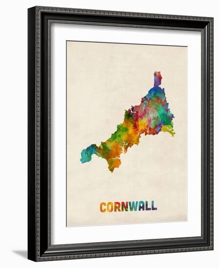 Cornwall England Watercolor Map-Michael Tompsett-Framed Art Print