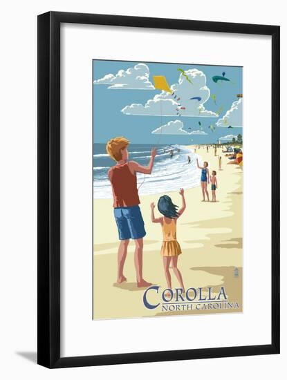 Corolla, North Carolina - Kite Flyers-Lantern Press-Framed Art Print