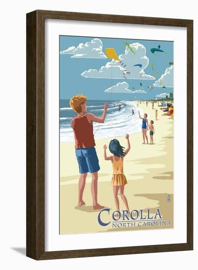 Corolla, North Carolina - Kite Flyers-Lantern Press-Framed Art Print