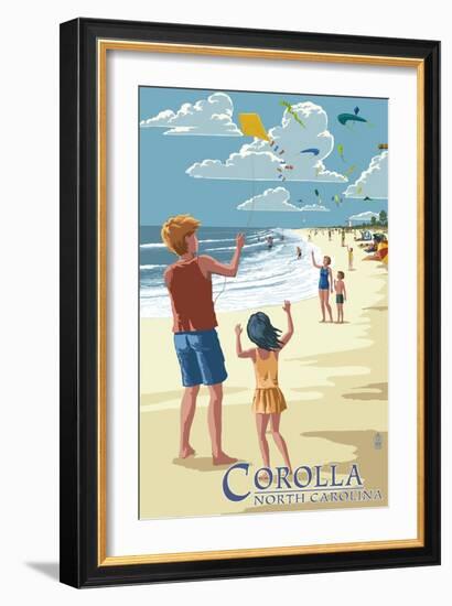 Corolla, North Carolina - Kite Flyers-Lantern Press-Framed Art Print