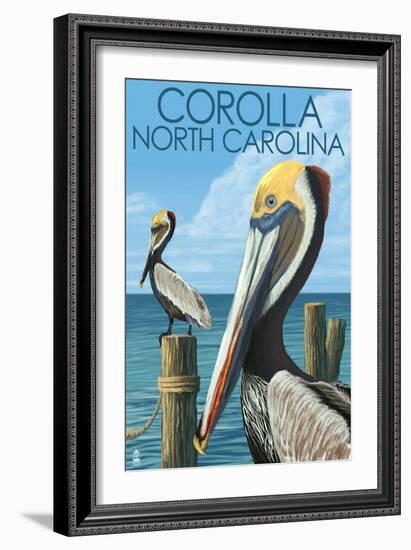 Corolla, North Carolina - Pelicans-Lantern Press-Framed Art Print