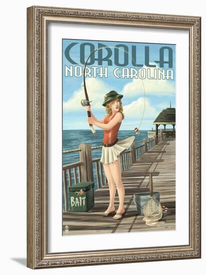 Corolla, North Carolina - Pinup Girl Fishing-Lantern Press-Framed Art Print