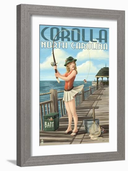 Corolla, North Carolina - Pinup Girl Fishing-Lantern Press-Framed Art Print