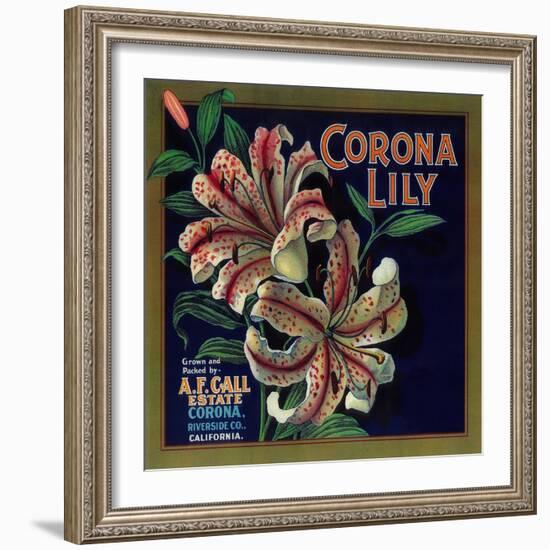 Corona Lily Orange Label - Corona, CA-Lantern Press-Framed Art Print